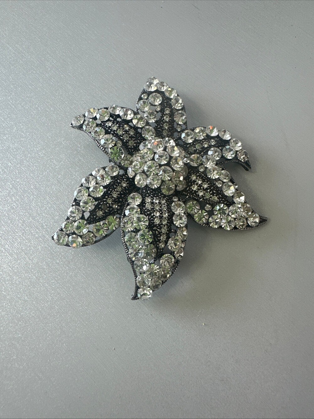 MZ Flower Brooch Rhinestone Silver Tone Metal Signed 2.5 inches